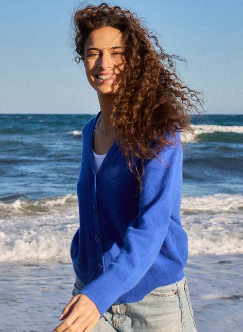 Gilet Bleu Col V Manches Longues en Cachemire - MAJESTIC FILATURES