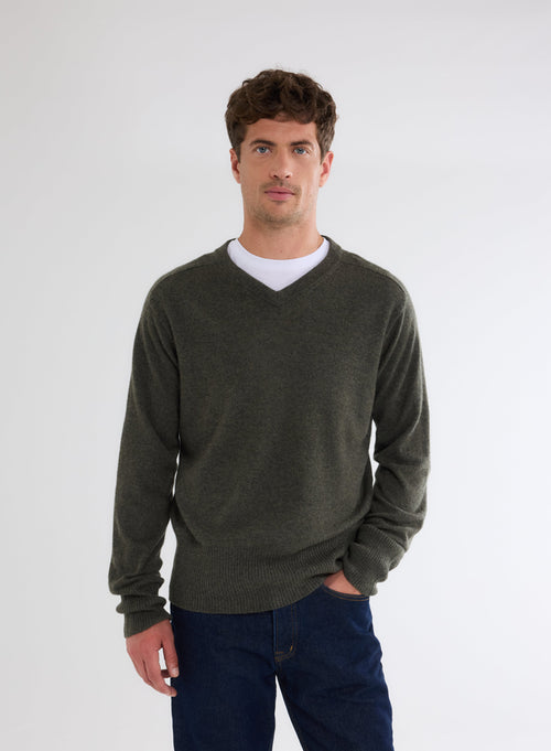 Khaki V-Neck Long Sleeve Sweater in 100% Cashmere - MAJESTIC FILATURES