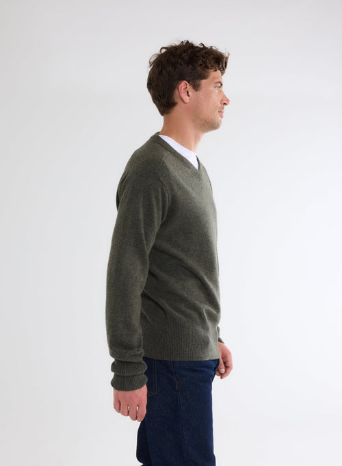 Khaki V-Neck Long Sleeve Sweater in 100% Cashmere - MAJESTIC FILATURES