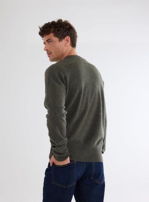 Khaki V-Neck Long Sleeve Sweater in 100% Cashmere - MAJESTIC FILATURES
