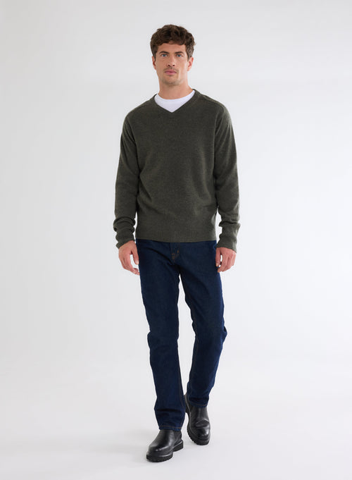 Khaki V-Neck Long Sleeve Sweater in 100% Cashmere - MAJESTIC FILATURES