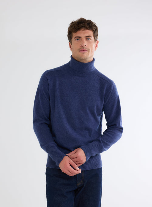Pull Bleu Chiné Col Roulé Manches Longues en 100% Cachemire - MAJESTIC FILATURES