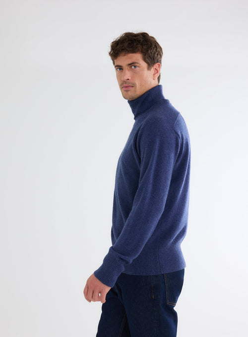 Pull Bleu Chiné Col Roulé Manches Longues en 100% Cachemire - MAJESTIC FILATURES