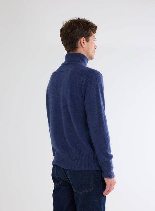 Pull Bleu Chiné Col Roulé Manches Longues en 100% Cachemire - MAJESTIC FILATURES