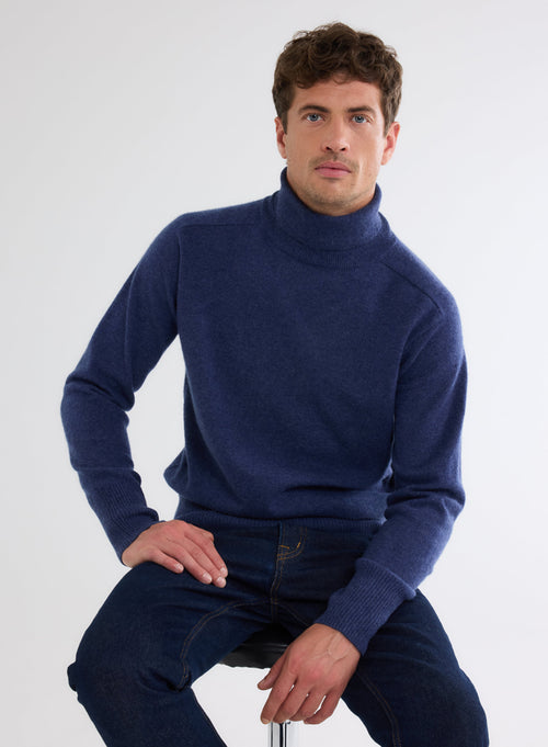 Pull Bleu Chiné Col Roulé Manches Longues en 100% Cachemire - MAJESTIC FILATURES