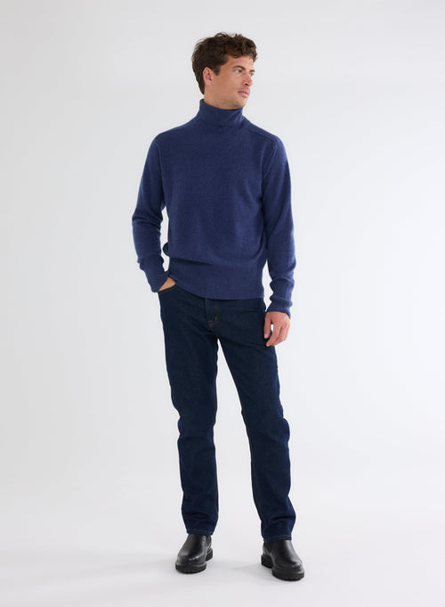 Pull Bleu Chiné Col Roulé Manches Longues en 100% Cachemire - MAJESTIC FILATURES
