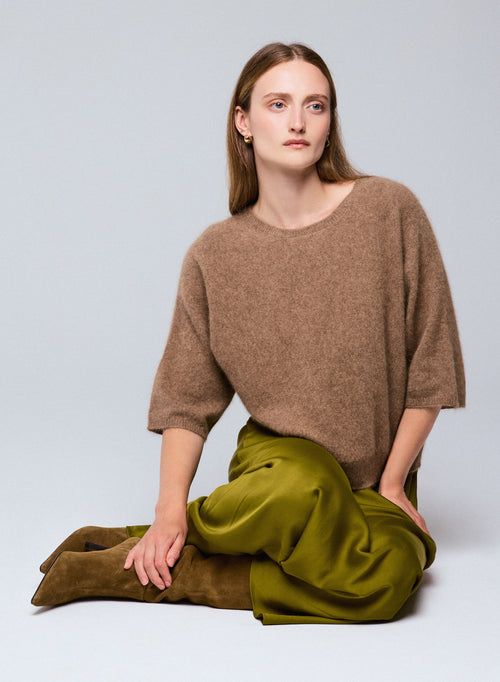 Pull Marron Col Rond Manches Kimono en Raccon wool / Polyamide - MAJESTIC FILATURES