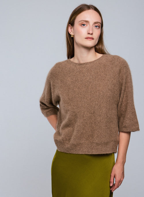 Pull Marron Col Rond Manches Kimono en Raccon wool / Polyamide - MAJESTIC FILATURES