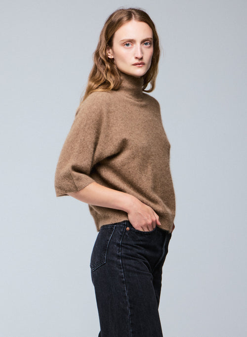 Beige Turtleneck Sweater with Kimono Sleeves in Raccon wool / Polyamide - MAJESTIC FILATURES