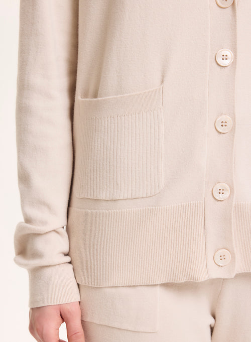 Beige V-neck Long-sleeved cardigan in organic cotton / Elastane - MAJESTIC FILATURES