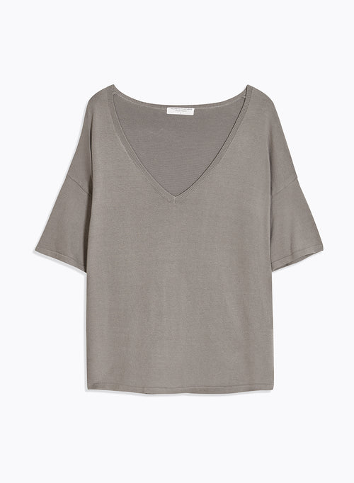 Jersey gris de manga corta con cuello en V en algodón orgánico / elastano - MAJESTIC FILATURES