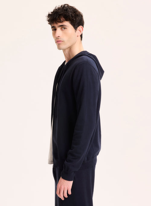 Marineblaue Strickjacke mit Kapuzenkragen und langen Ärmeln aus Bio-Baumwolle / Elasthan - MAJESTIC FILATURES
