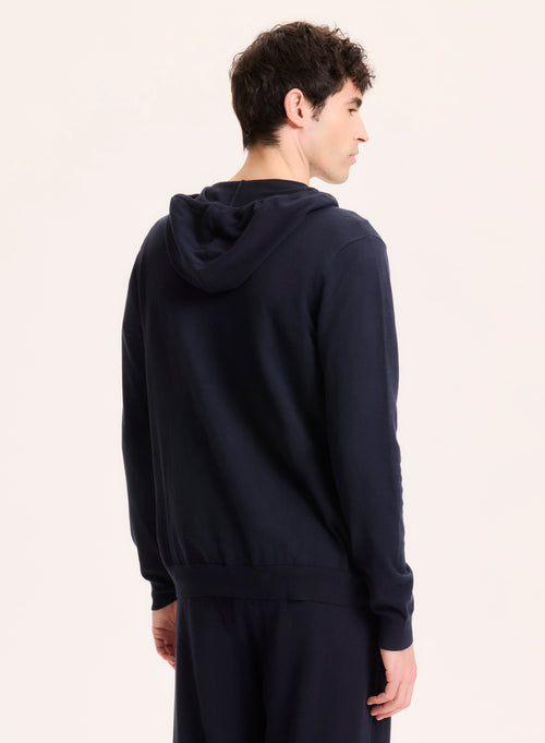Marineblaue Strickjacke mit Kapuzenkragen und langen Ärmeln aus Bio-Baumwolle / Elasthan - MAJESTIC FILATURES