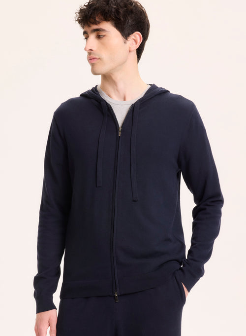 Marineblaue Strickjacke mit Kapuzenkragen und langen Ärmeln aus Bio-Baumwolle / Elasthan - MAJESTIC FILATURES