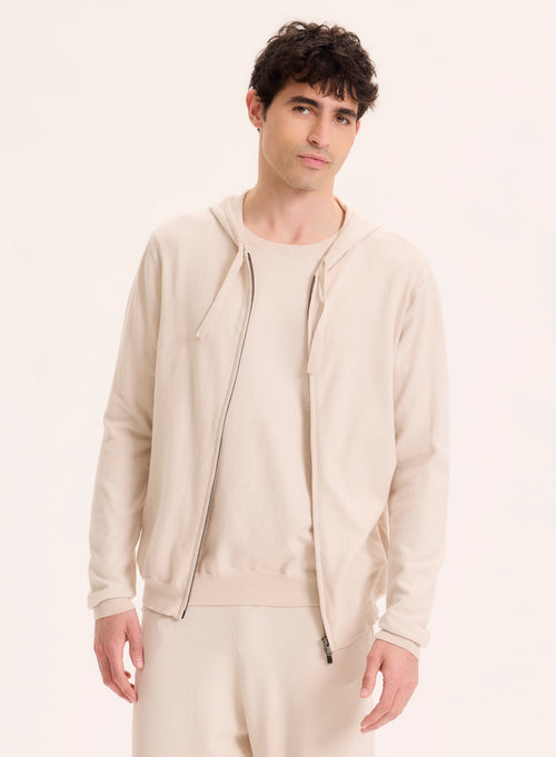 Beige Strickjacke mit langärmeligem Kapuzenkragen aus Bio-Baumwolle / Elasthan - MAJESTIC FILATURES