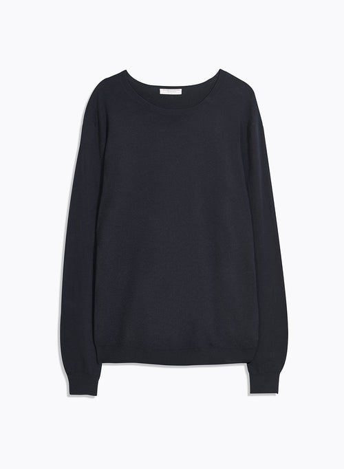 Navy Long Sleeve Crew Neck Sweater in Organic Cotton / Elastane - MAJESTIC FILATURES