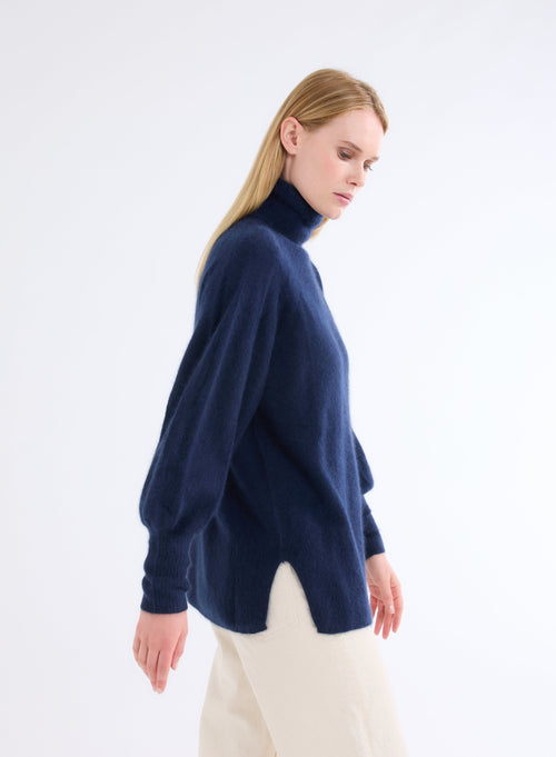 Navy Raccoon Long Puff Sleeve Turtleneck Sweater - MAJESTIC FILATURES