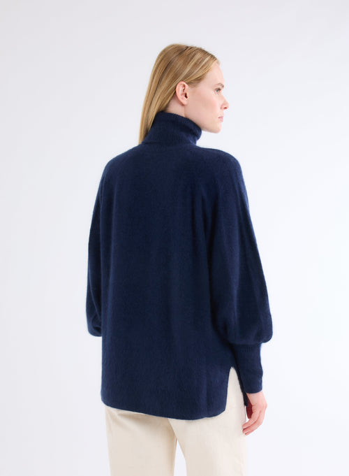 Navy Raccoon Long Puff Sleeve Turtleneck Sweater - MAJESTIC FILATURES