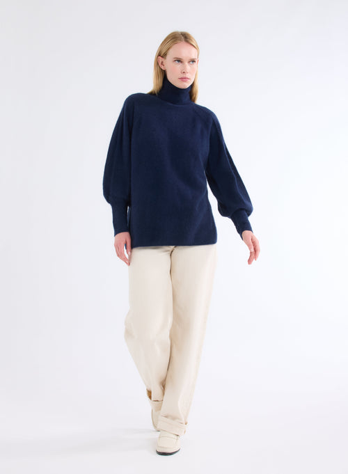 Navy Raccoon Long Puff Sleeve Turtleneck Sweater - MAJESTIC FILATURES