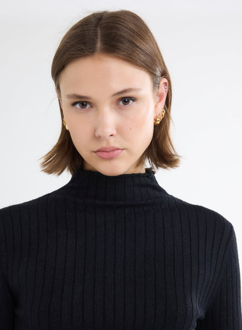 Schwarzer gerippter Pullover mit Stehkragen und langen Ärmeln aus Baumwolle und Viskose - MAJESTIC FILATURES