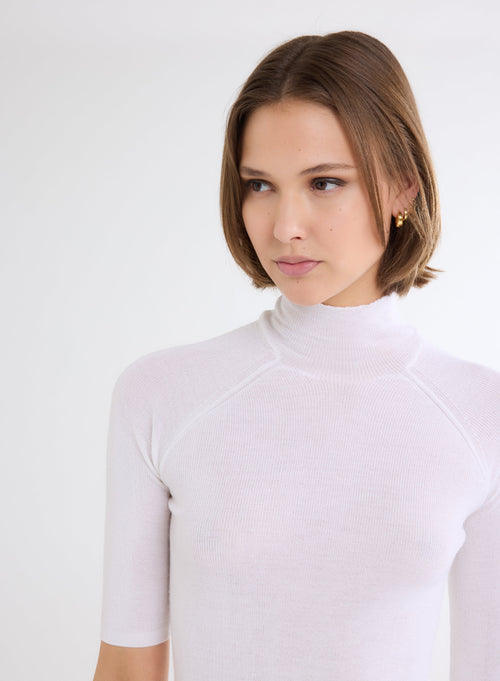 Wool and silk ribbed sweater with high neck and elbow sleeves - MAJESTIC FILATURES