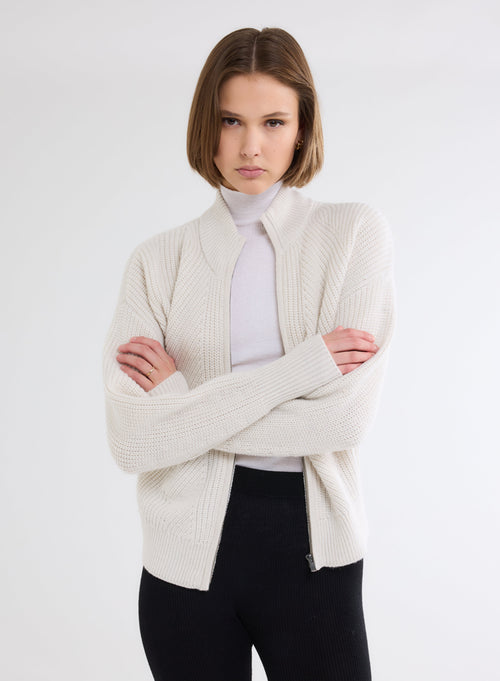 Wool and silk ribbed sweater with high neck and elbow sleeves - MAJESTIC FILATURES