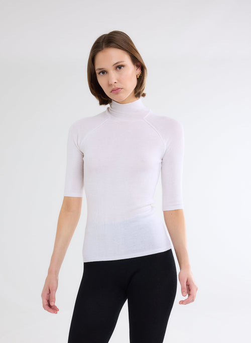 Wool and silk ribbed sweater with high neck and elbow sleeves - MAJESTIC FILATURES