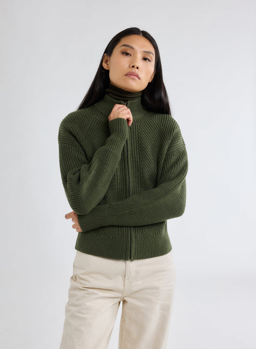 Khakifarbener Cardigan mit grobem Strick - MAJESTIC FILATURES