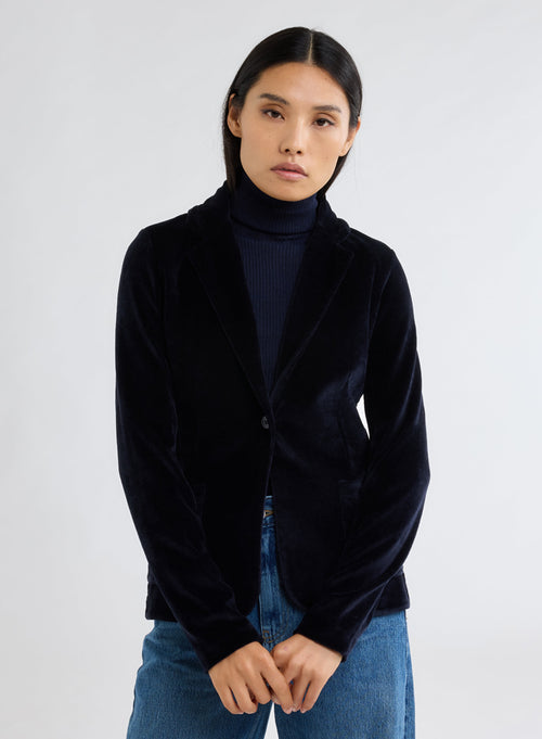 Marineblauer Ripp-Pullover mit Rollkragen und langen Ärmeln aus Merinowolle - MAJESTIC FILATURES
