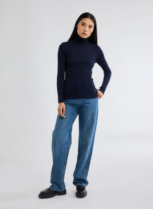 Marineblauer Ripp-Pullover mit Rollkragen und langen Ärmeln aus Merinowolle - MAJESTIC FILATURES
