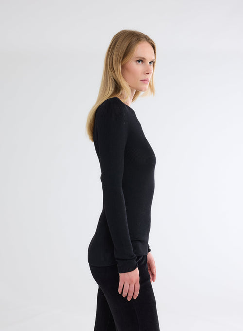 Schwarzer Ripp-Pullover mit Rundhalsausschnitt und langen Ärmeln aus Merinowolle - MAJESTIC FILATURES