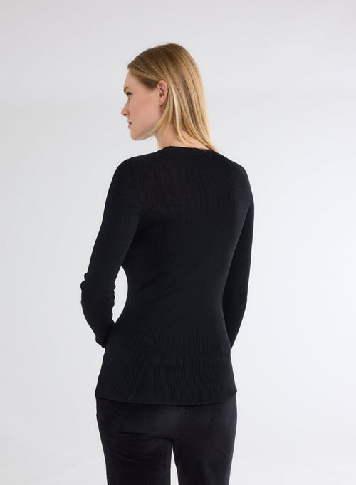 Schwarzer Ripp-Pullover mit Rundhalsausschnitt und langen Ärmeln aus Merinowolle - MAJESTIC FILATURES