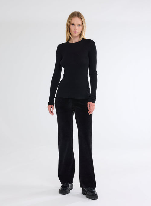 Schwarzer Ripp-Pullover mit Rundhalsausschnitt und langen Ärmeln aus Merinowolle - MAJESTIC FILATURES