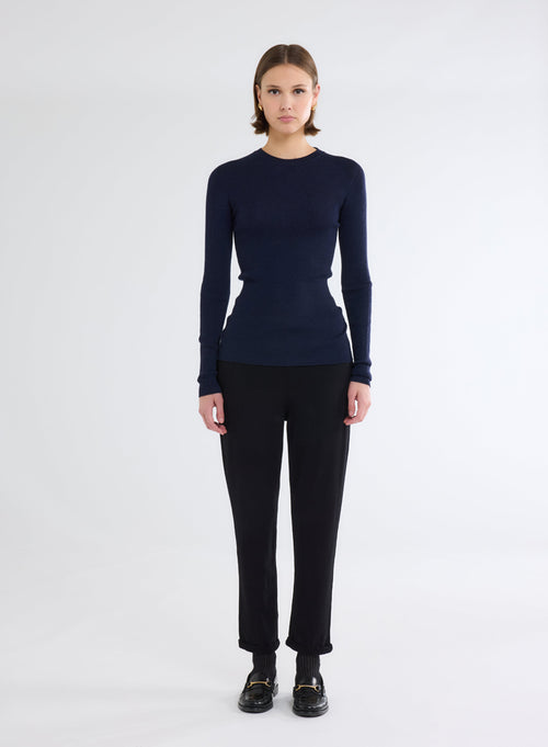 Marineblauer Ripp-Pullover mit Rundhalsausschnitt und langen Ärmeln aus Merinowolle - MAJESTIC FILATURES