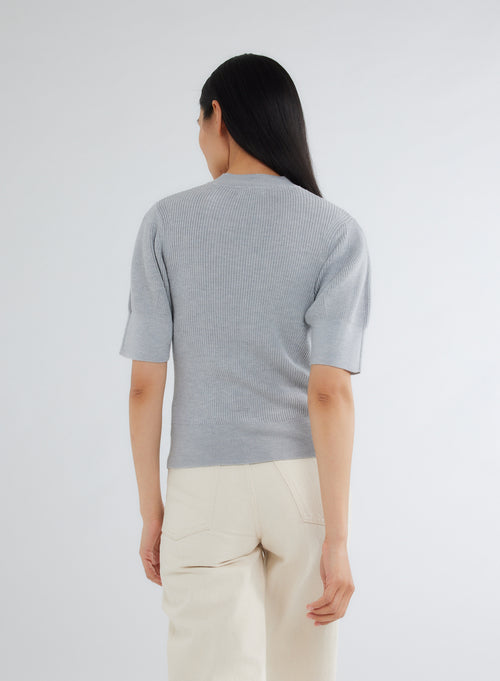 Jersey de canalé de lana merino gris con cuello y mangas redondos - MAJESTIC FILATURES