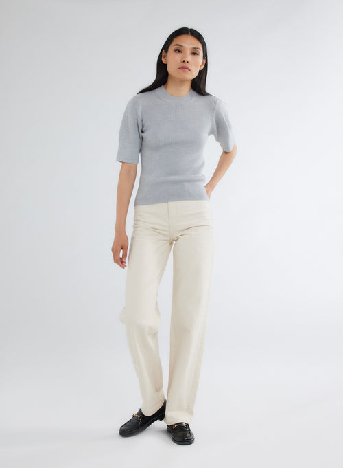 Jersey de canalé de lana merino gris con cuello y mangas redondos - MAJESTIC FILATURES
