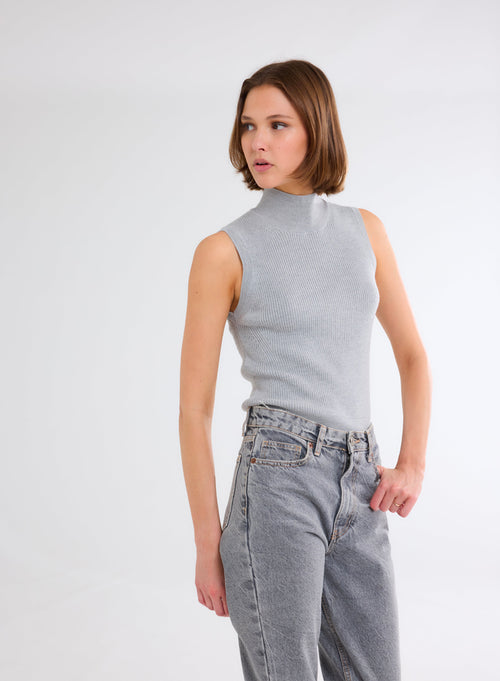 Jersey acanalado gris de lana merino con cuello alto sin mangas - MAJESTIC FILATURES