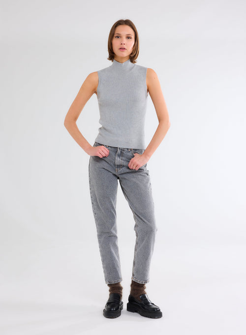 Jersey acanalado gris de lana merino con cuello alto sin mangas - MAJESTIC FILATURES