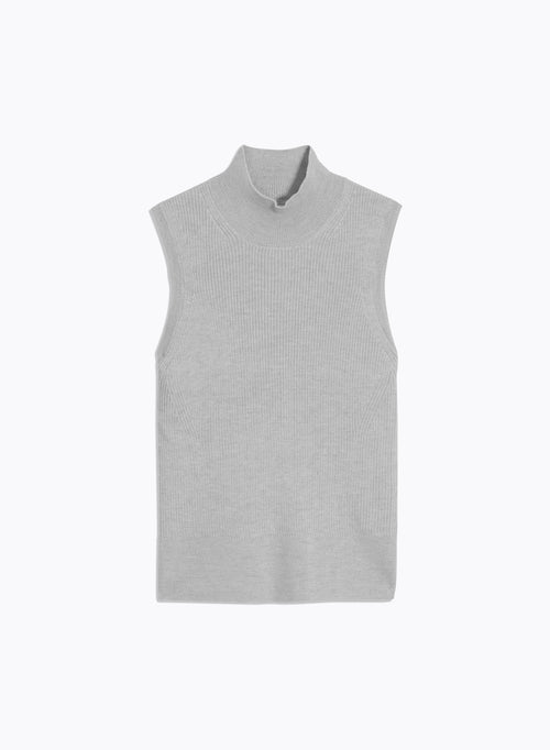 Jersey acanalado gris de lana merino con cuello alto sin mangas - MAJESTIC FILATURES