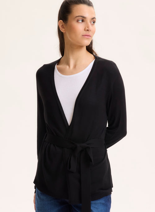 Schwarze Strickjacke mit V-Ausschnitt und langen Ärmeln aus Seide / Viskose - MAJESTIC FILATURES