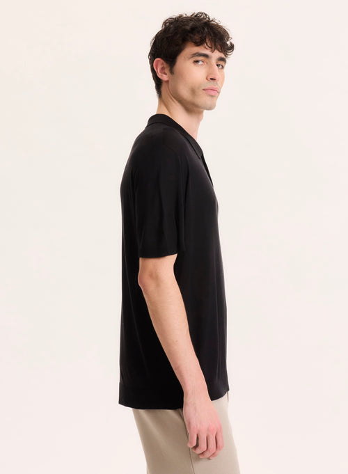 Black Polo Shirt with Short Sleeves in Silk / Viscose - MAJESTIC FILATURES