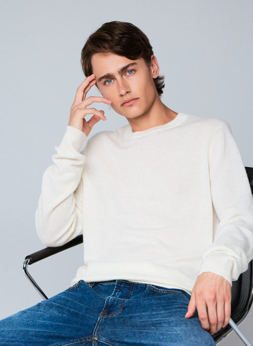 White Long Sleeve Round Neck Sweater - MAJESTIC FILATURES