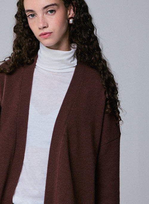 Brown cardigan with long sleeve shawl collar in merino wool - MAJESTIC FILATURES