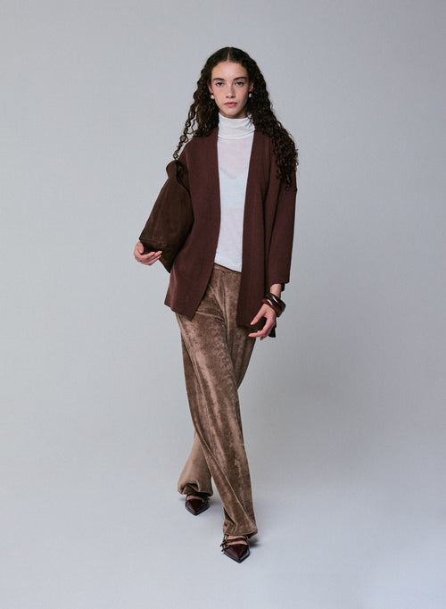 Brown cardigan with long sleeve shawl collar in merino wool - MAJESTIC FILATURES