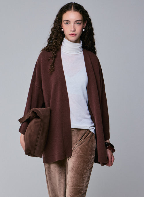 Brown cardigan with long sleeve shawl collar in merino wool - MAJESTIC FILATURES