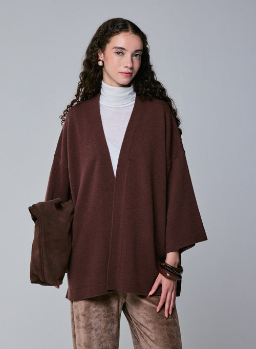 Brown cardigan with long sleeve shawl collar in merino wool - MAJESTIC FILATURES