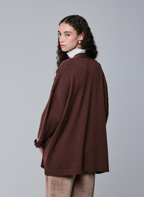 Brown cardigan with long sleeve shawl collar in merino wool - MAJESTIC FILATURES