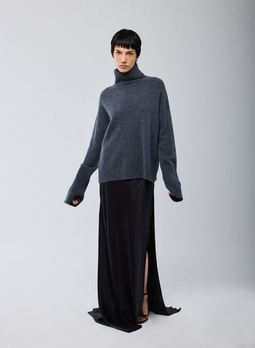 Grauer Rollkragenpullover mit langen Ärmeln aus Merinowolle - MAJESTIC FILATURES