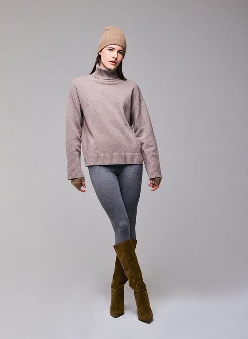 Beige Turtleneck Long Sleeve Sweater in Merino Wool - MAJESTIC FILATURES