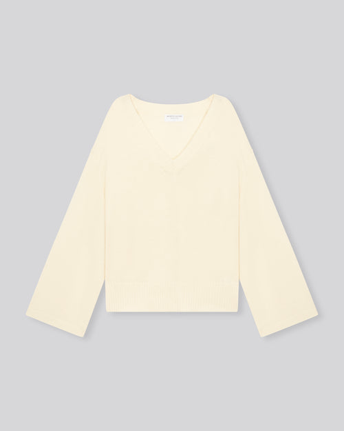 Weißer langärmeliger Pullover aus Merinowolle mit V-Ausschnitt - MAJESTIC FILATURES